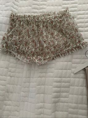 Free People Sheer White Lace Bloomers with Pink & Green Floral Print